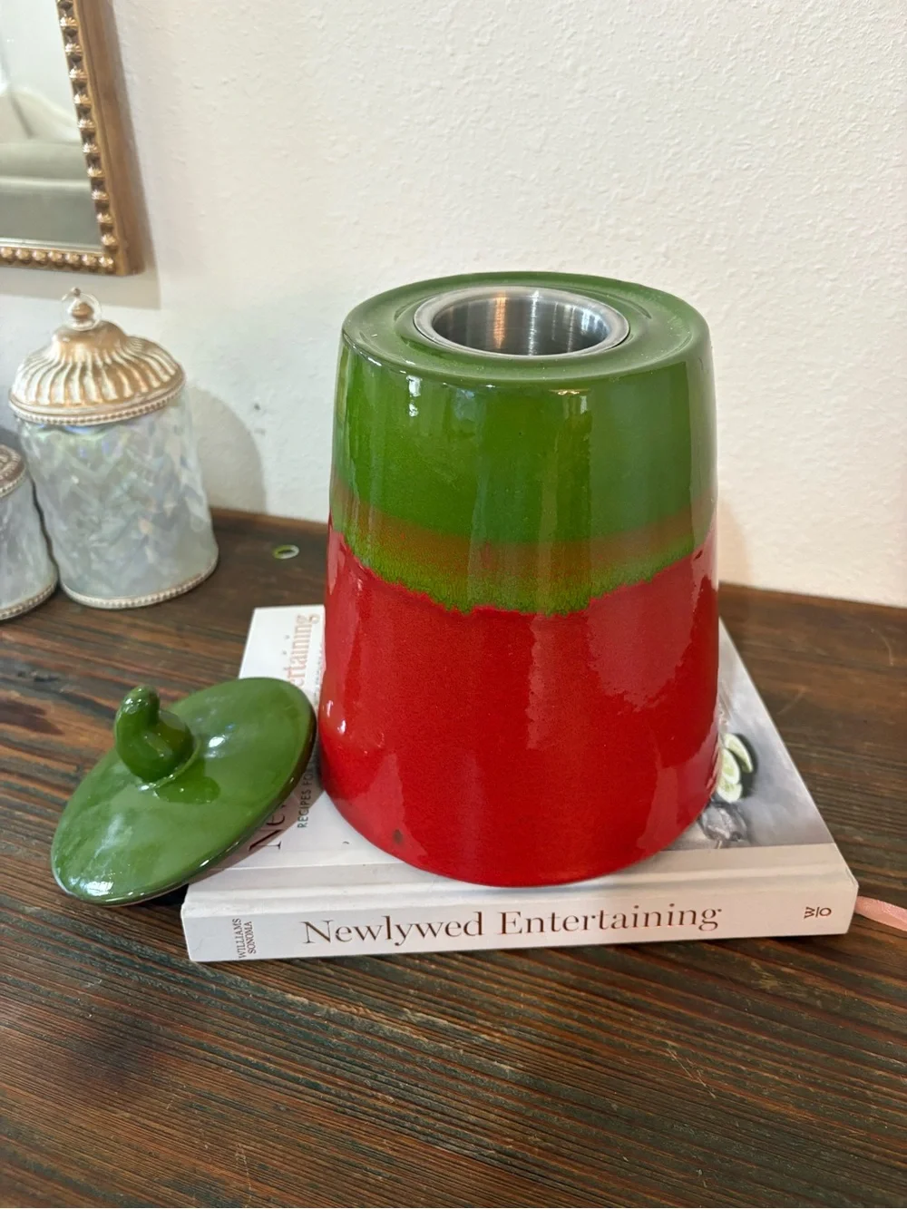 Red and Green Ceramic Lidded Cookie Jar